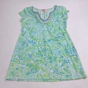Lilly Pulitzer Harper Embellished T Shirt Dress Green Blue Pastel Linen Blend M
